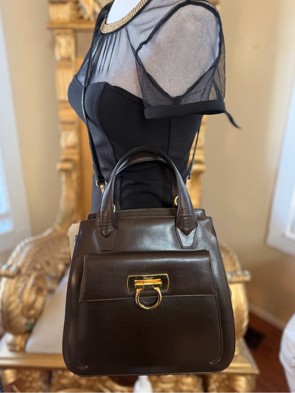 Salvatore Ferragamo Vintage Calfskin Leather Gancini Top Handle Bag